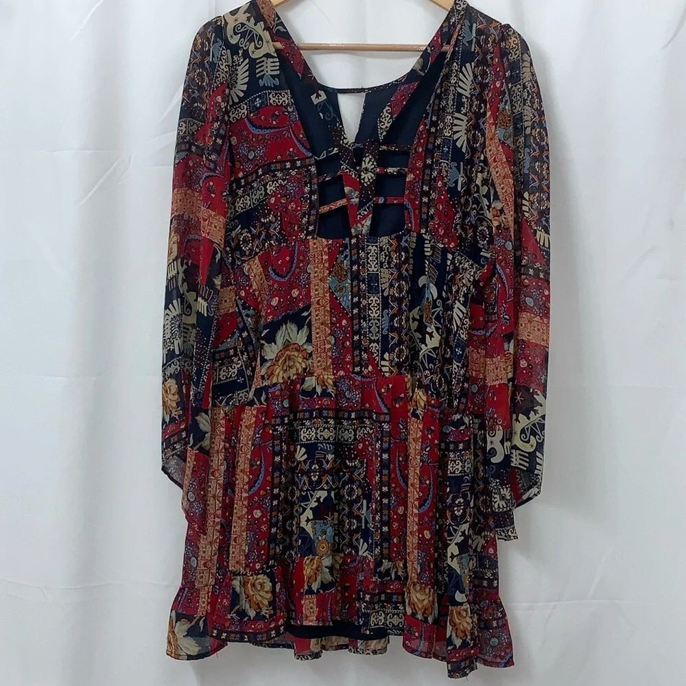 Altar'd State Womens‎ Boho Patchwork Print Mini Dress Red Blue Size Medium